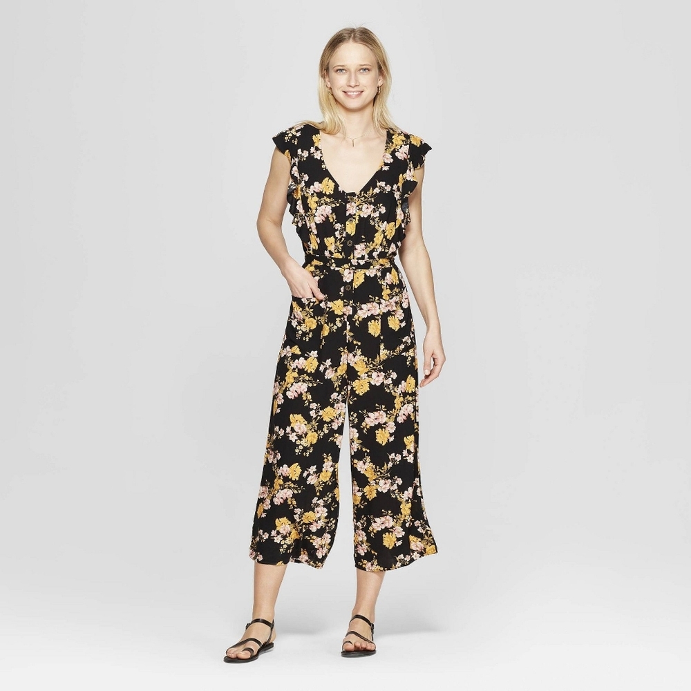 Xhilaration Yellow and Pink Floral Jumpsuit, sz:XS